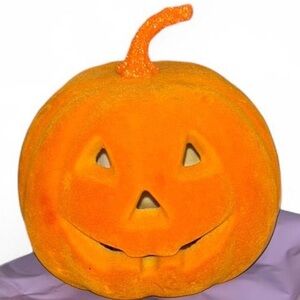 Orange Flocked Halloween Pumpkin Jack O Lantern Glitter Stem Lights Up Decor